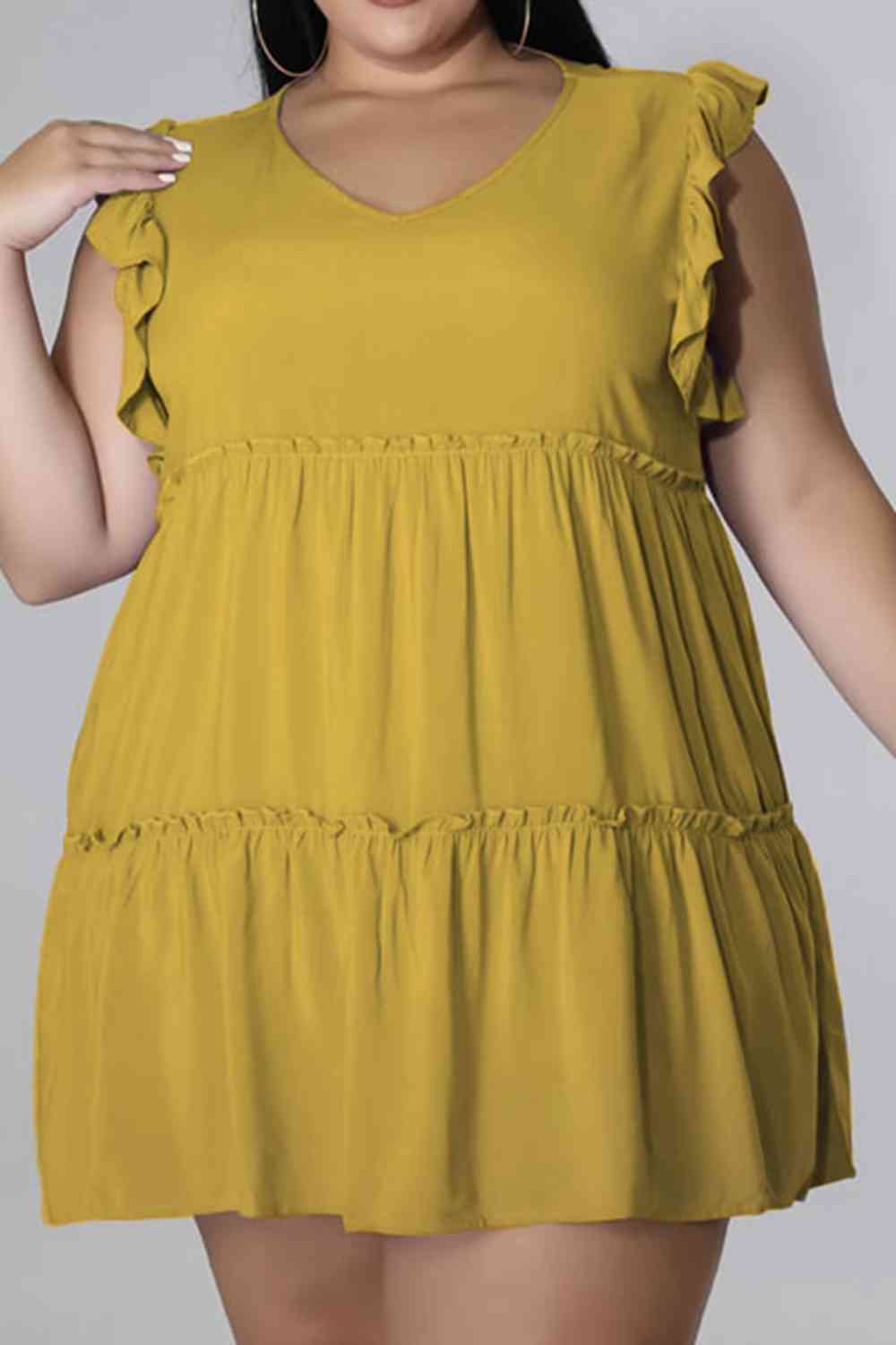 Plus Size V-Neck Frill Trim Mini Dress -BazaarBey - www.shopbazaarbey.com
