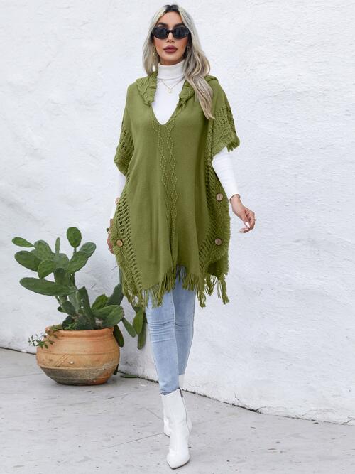 Fringe Trim Buttoned Hooded Poncho Bazaarbey