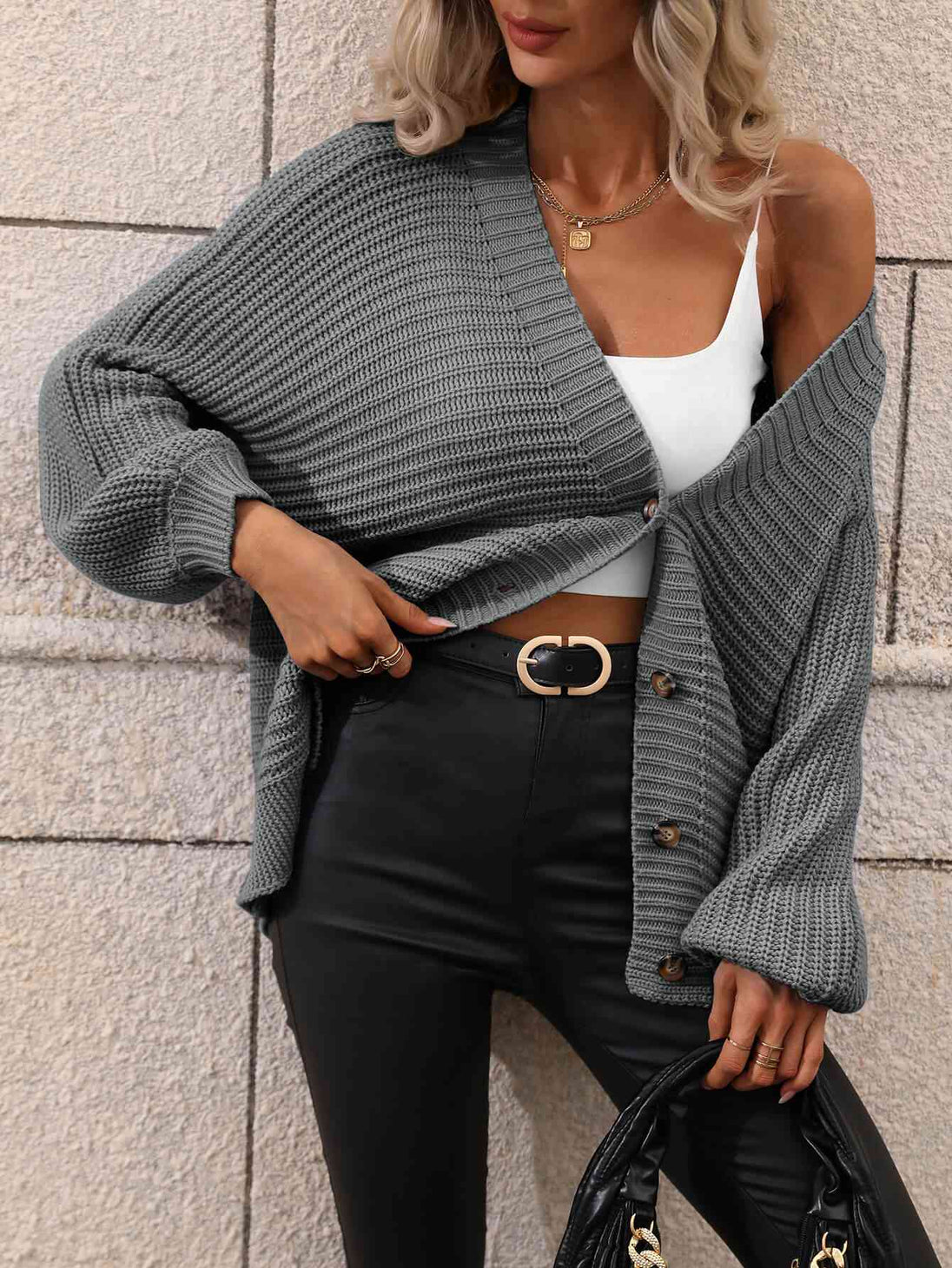  Button Down Horizontal-Ribbing  Cardigan Trendsi