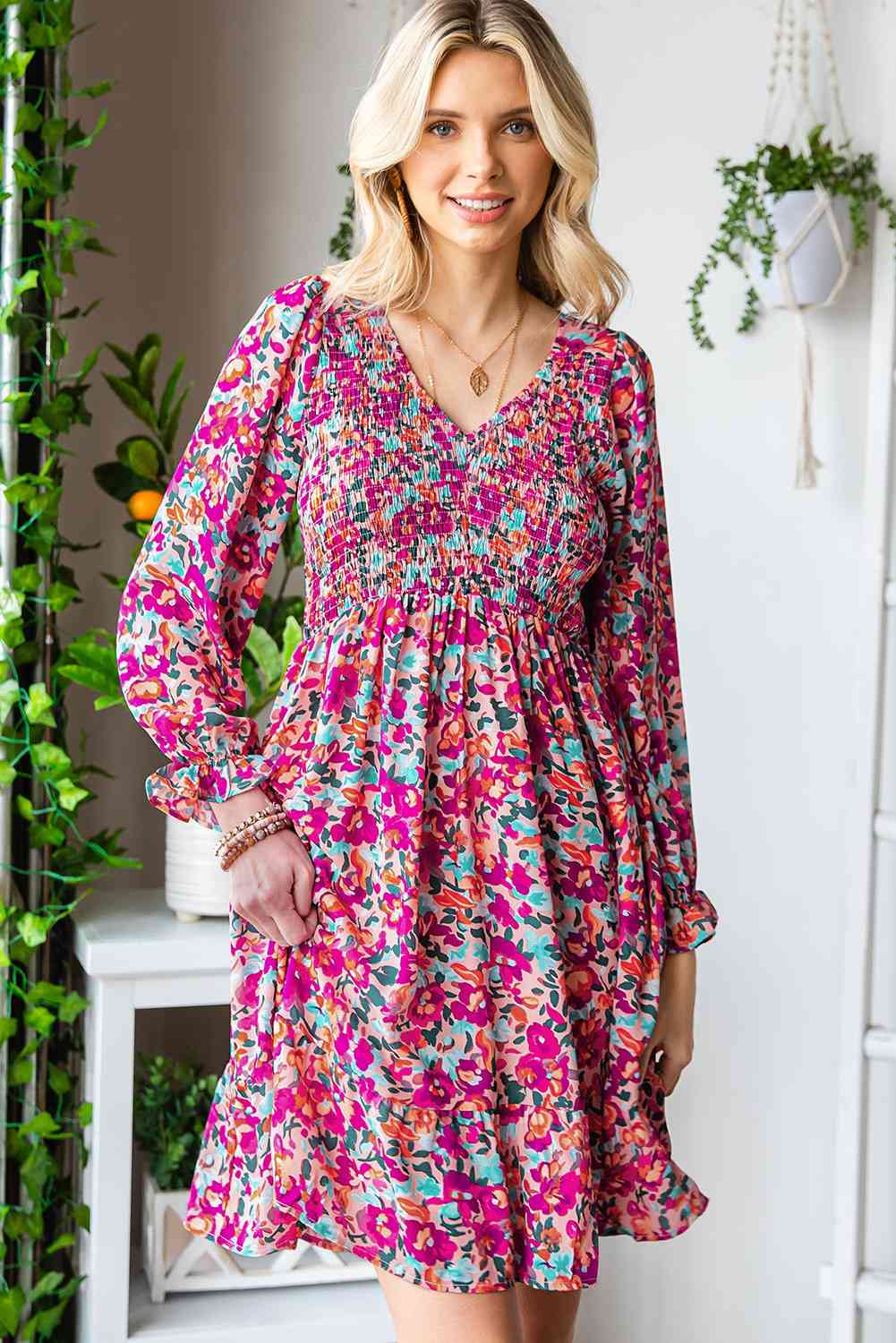 Floral Smocked V-Neck Flounce Sleeve Dress -BazaarBey - www.shopbazaarbey.com