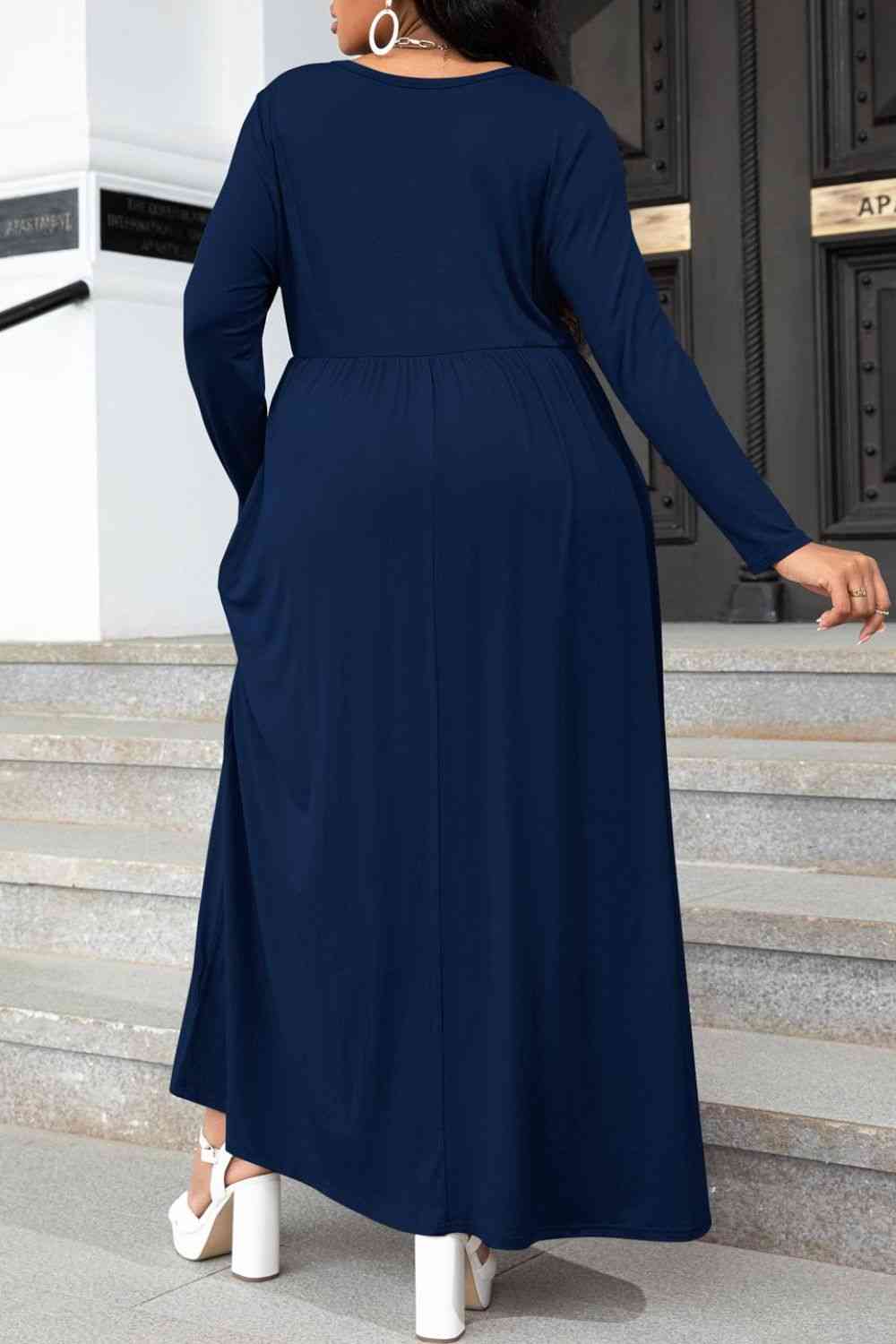 Plus Size Round Neck Long Sleeve Maxi Dress with Pockets -BazaarBey - www.shopbazaarbey.com