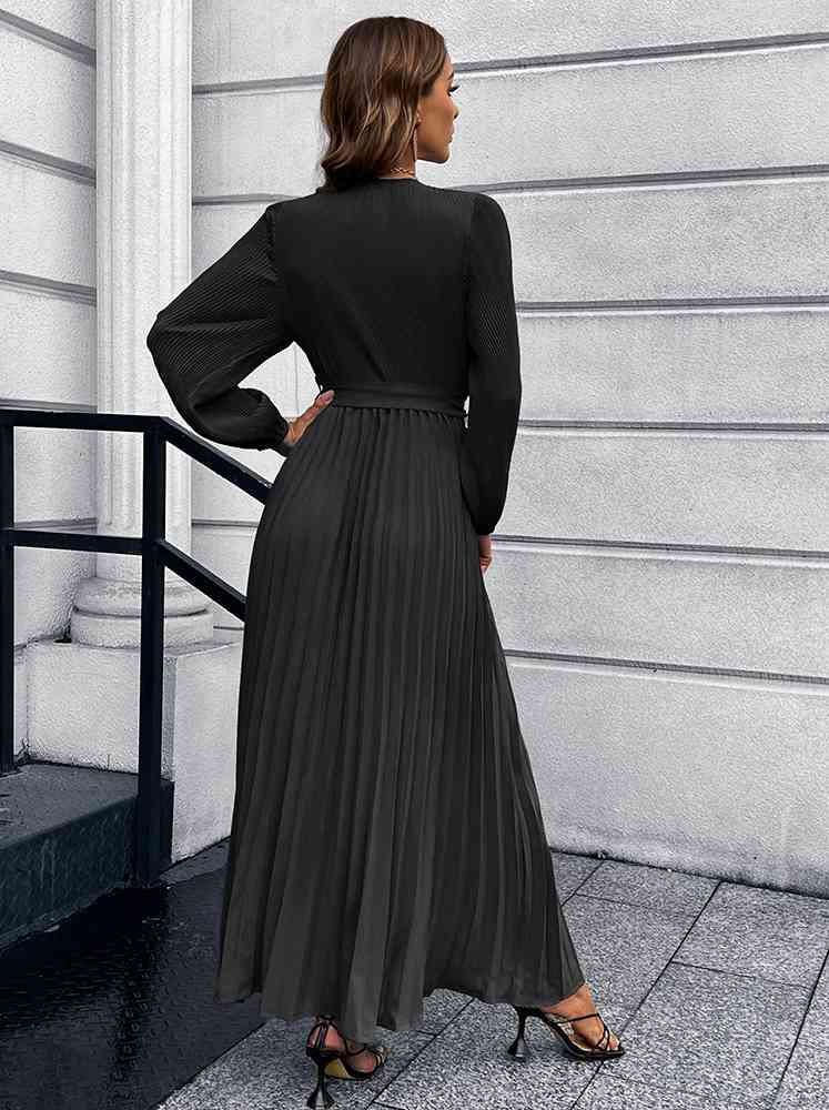 V-Neck Tie Waist Pleated Maxi Dress Bazaarbey