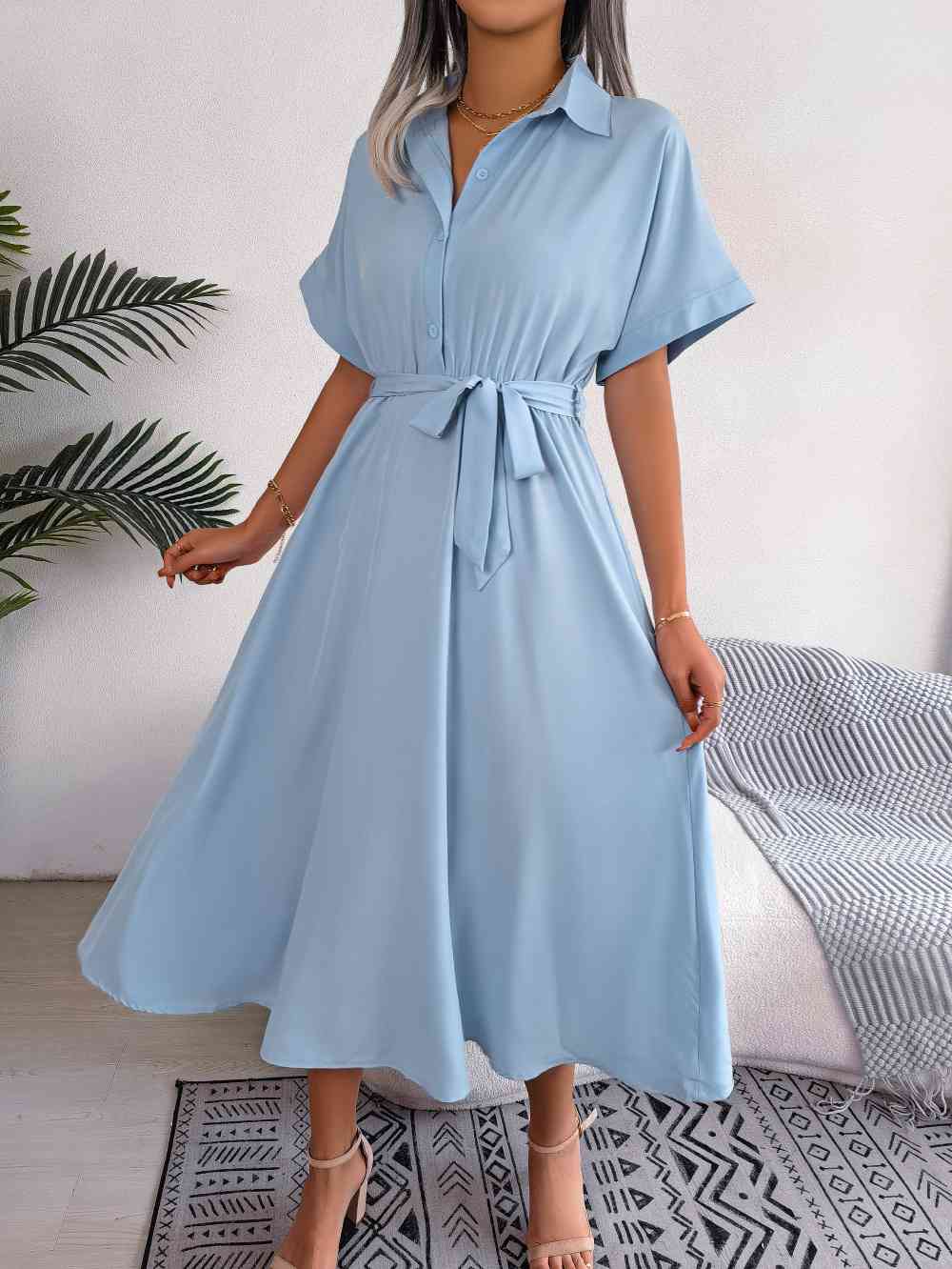 Short Sleeve Collared Tie Belt Dress -BazaarBey - www.shopbazaarbey.com