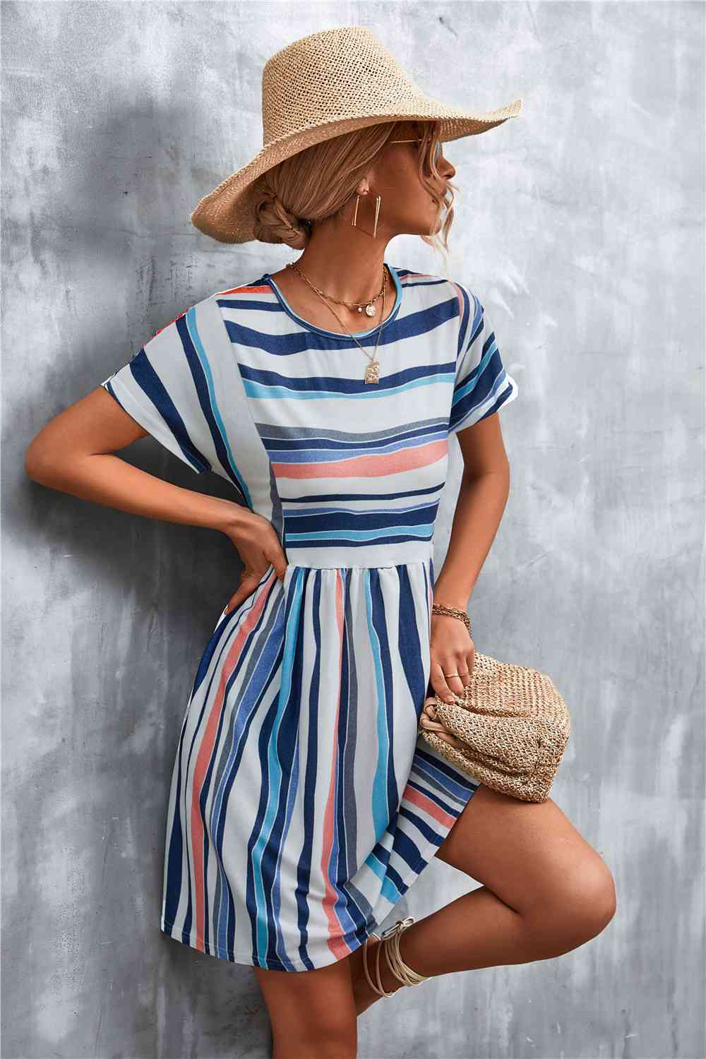 Striped Round Neck Dress -BazaarBey - www.shopbazaarbey.com