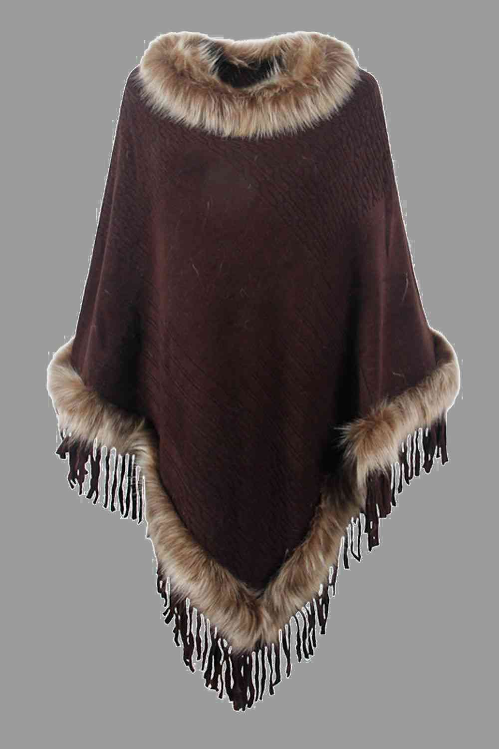 Faux Fur Trim Fringed Poncho Bazaarbey