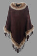 Faux Fur Trim Fringed Poncho Bazaarbey