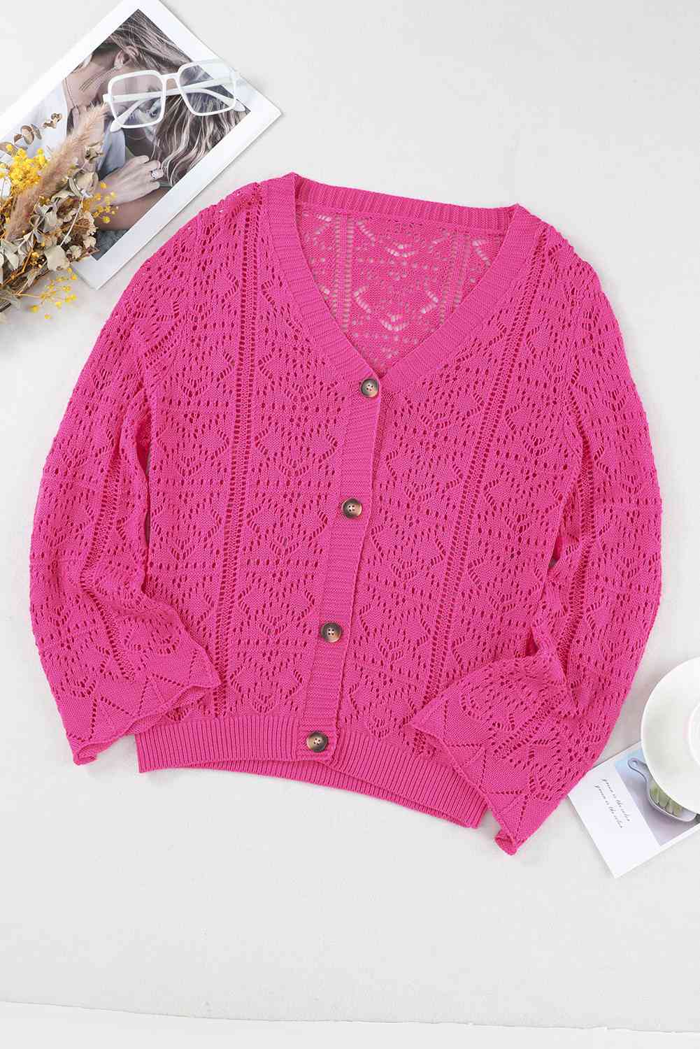 BazaarBey Openwork Button Down Cardigan Trendsi