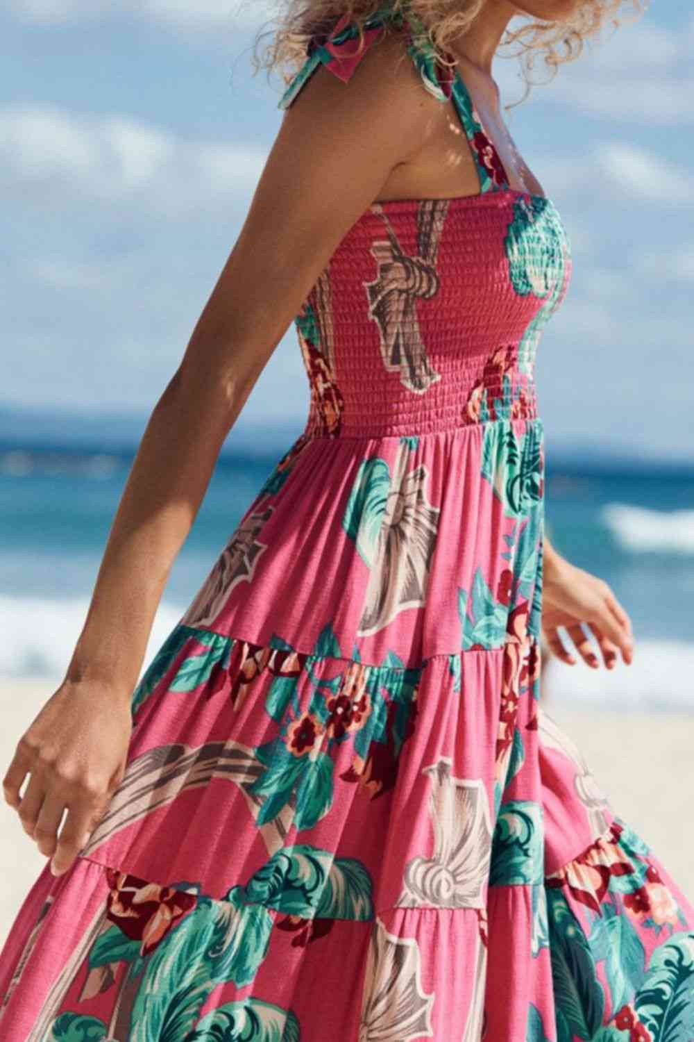 Floral Smocked Tie-Shoulder Tiered Dress -BazaarBey - www.shopbazaarbey.com