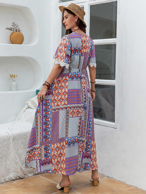  Plus Size Printed Lace Detail Short Sleeve Dress -BazaarBey - www.shopbazaarbey.com