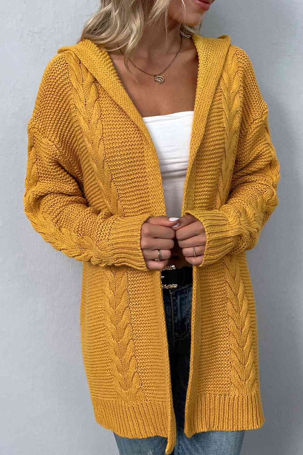 Cable-Knit Dropped Shoulder Hooded Cardigan Bazaarbey