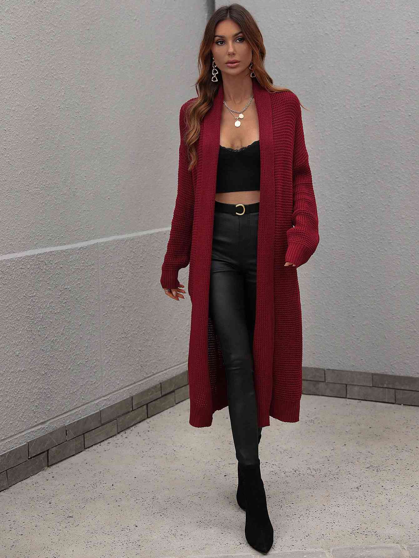  Waffle Knit  Duster Cardigan With Pockets Trendsi