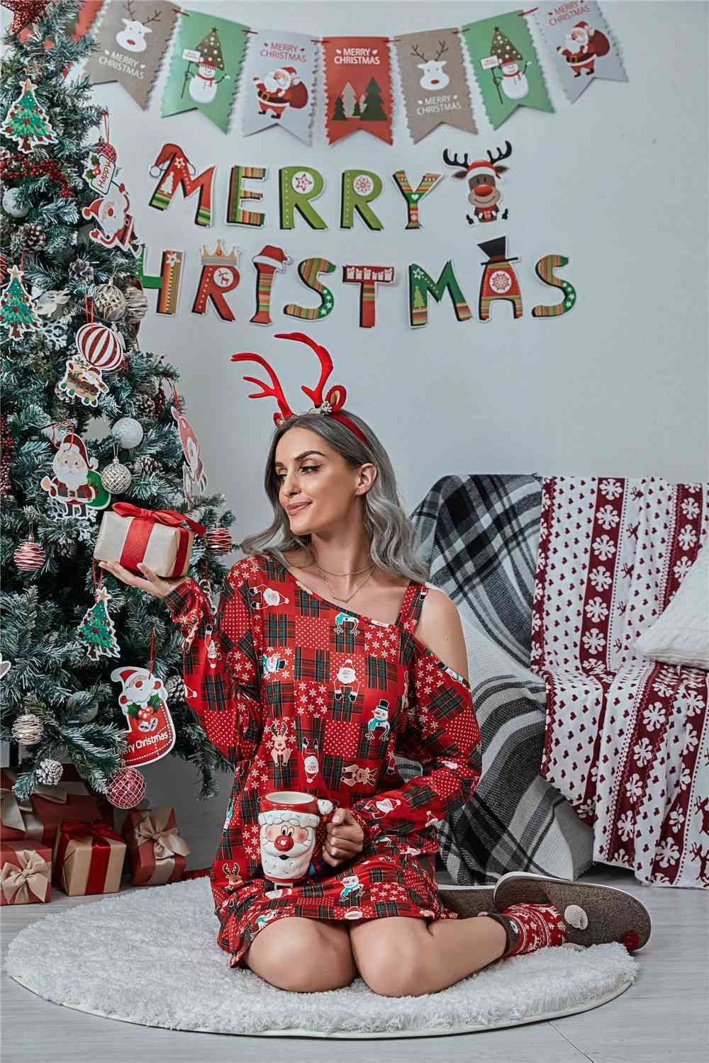 Christmas Asymmetrical Neck Long Sleeve Dress -BazaarBey - www.shopbazaarbey.com