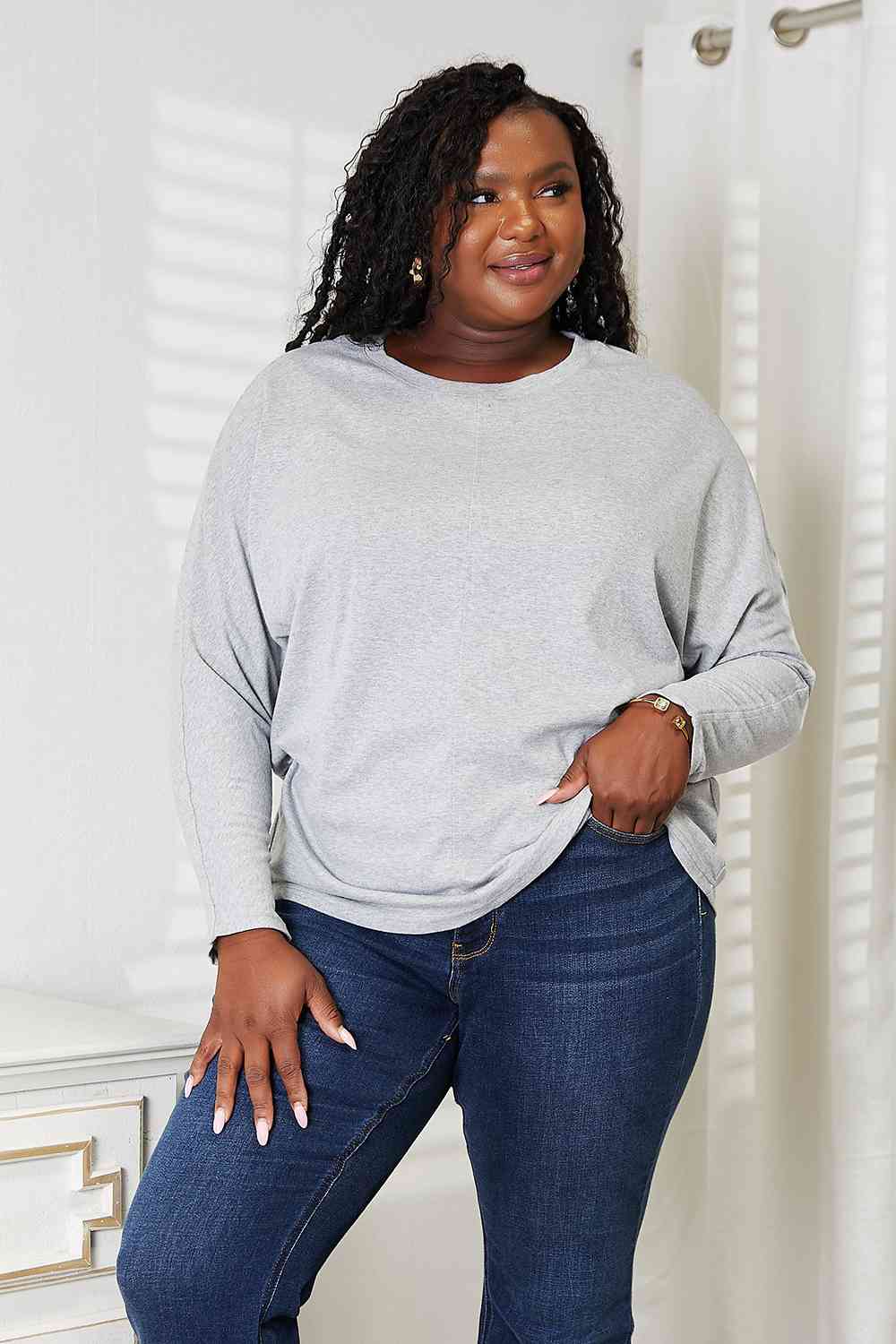  Seam Detail Round Neck Long Sleeve Top Trendsi