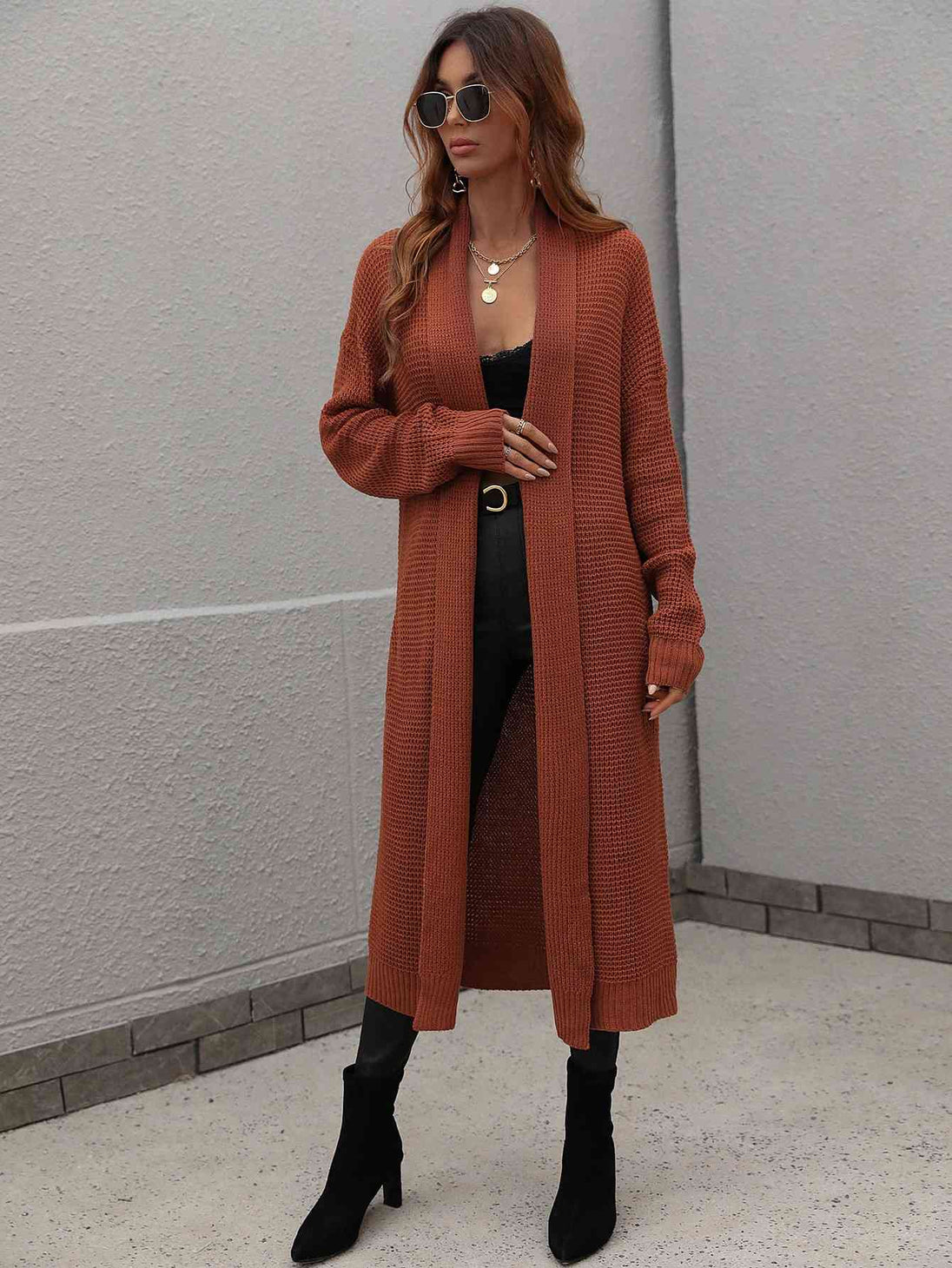  Waffle Knit  Duster Cardigan With Pockets Trendsi