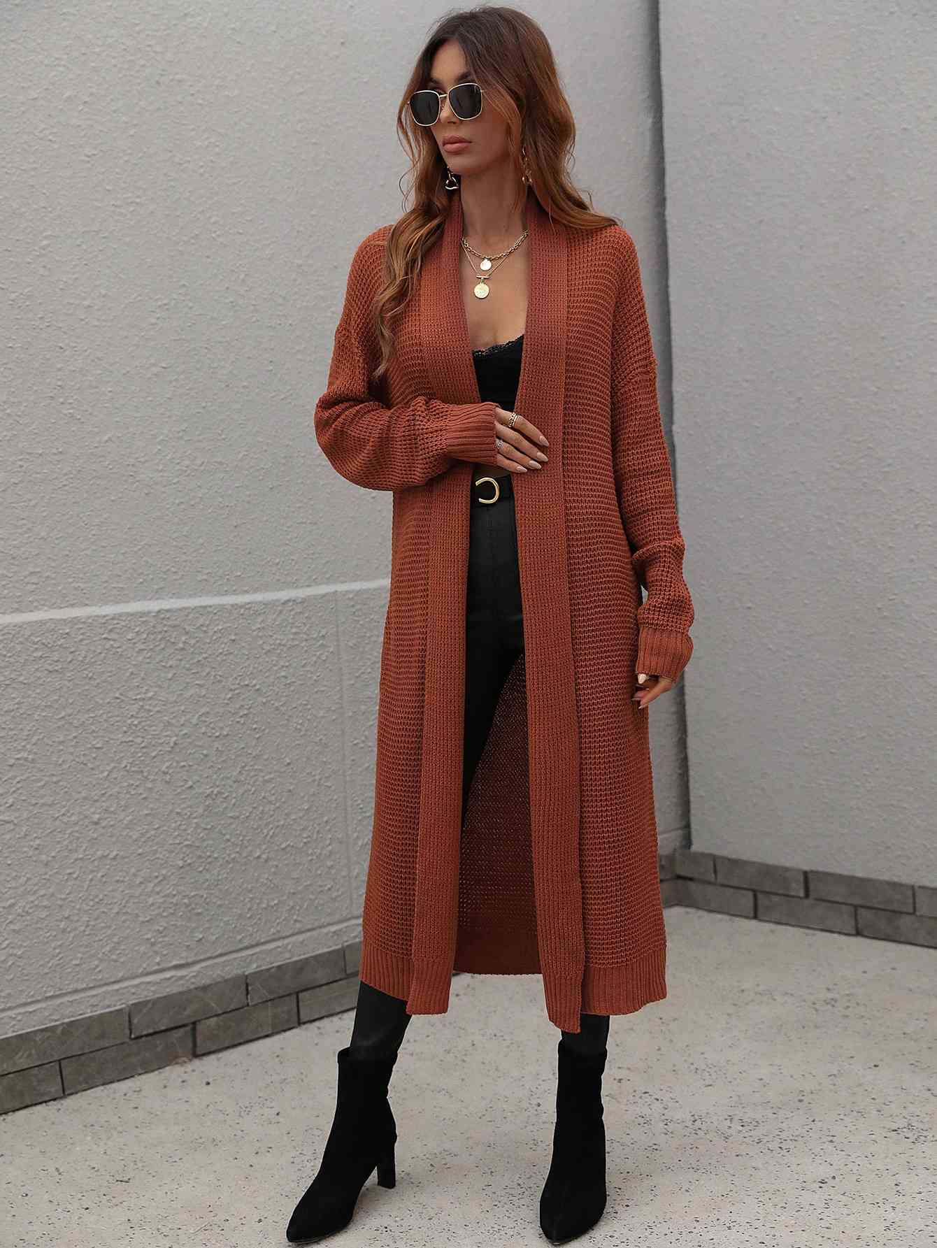  Waffle Knit  Duster Cardigan With Pockets Trendsi