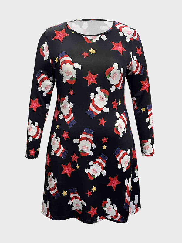 Plus Size Santa Printed Round Neck Dress -BazaarBey - www.shopbazaarbey.com