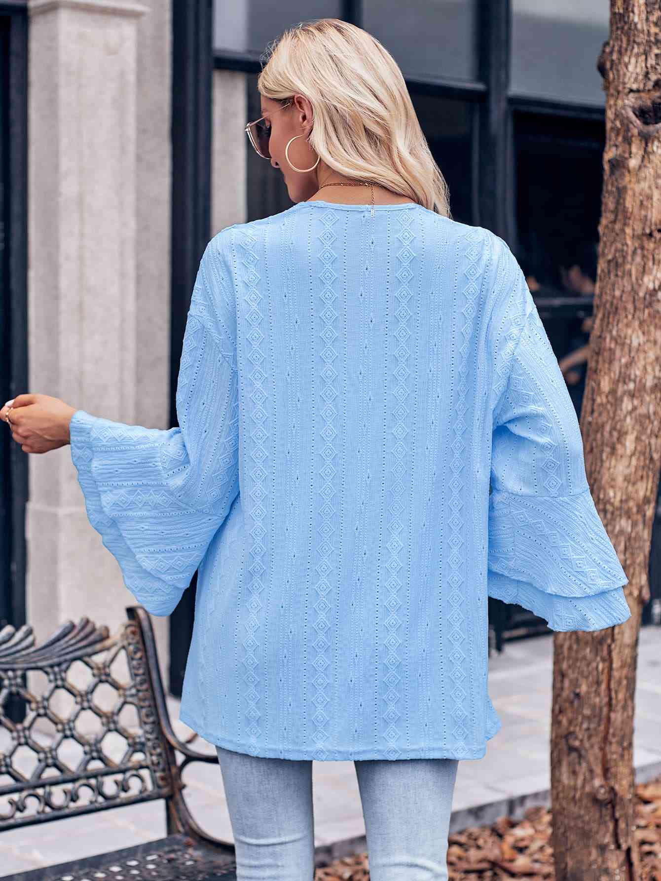 Eyelet Bell Sleeve Cardigan Trendsi
