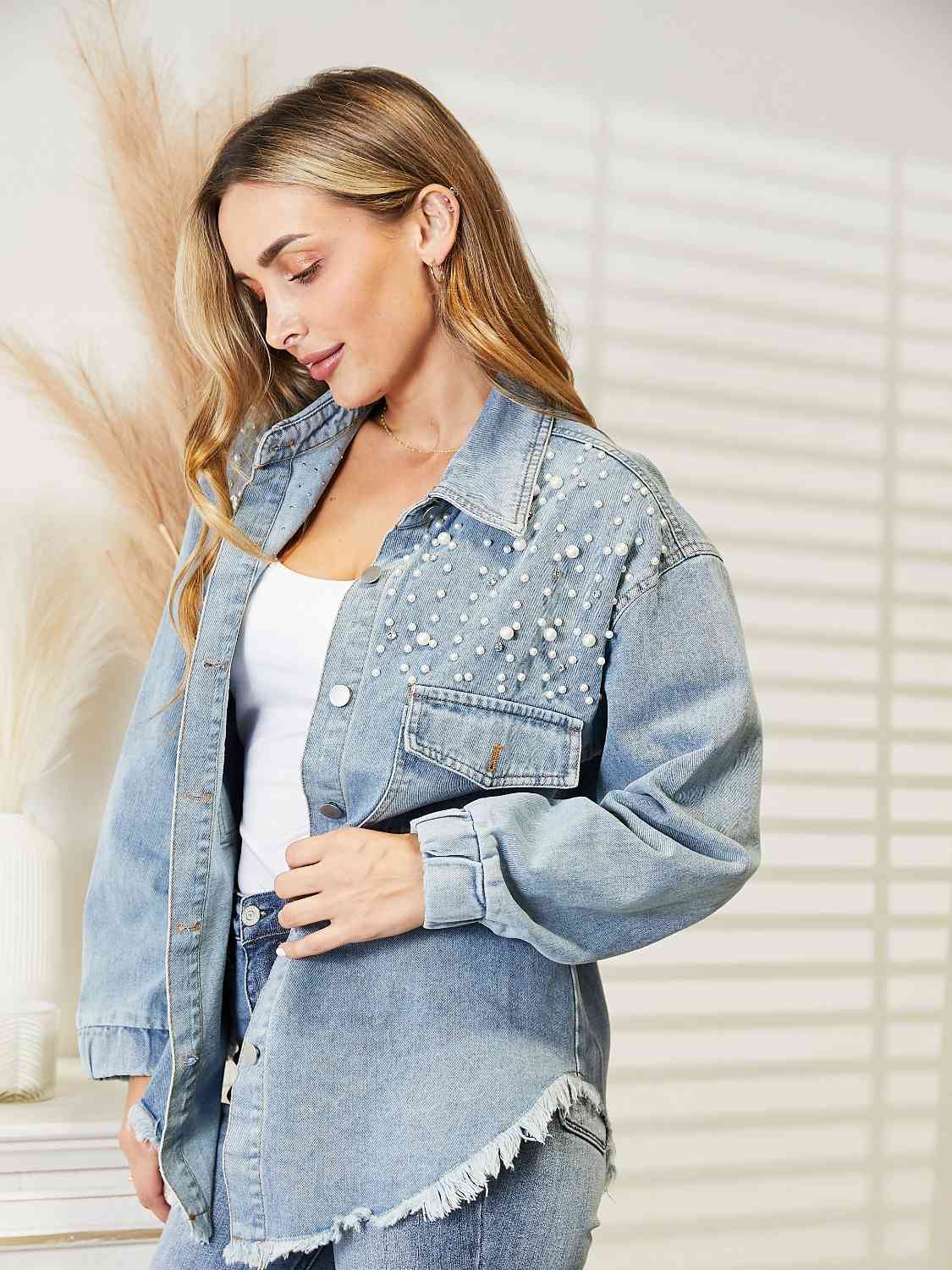 Collared Neck Raw Hem Dropped Shoulder Denim Jacket Bazaarbey