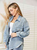 Collared Neck Raw Hem Dropped Shoulder Denim Jacket Bazaarbey
