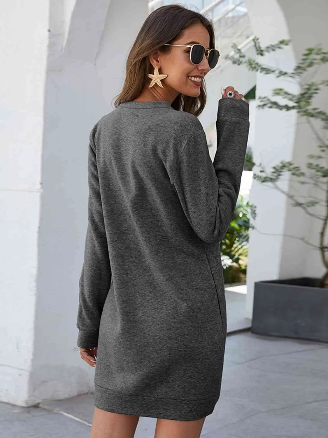 Round Neck Long Sleeve Mini Dress with Pockets -BazaarBey - www.shopbazaarbey.com