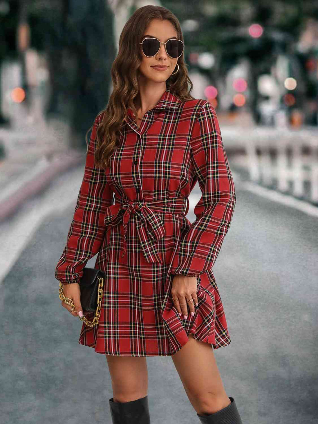 Plaid Tie Front Collared Neck Long Sleeve Dress Bazaarbey
