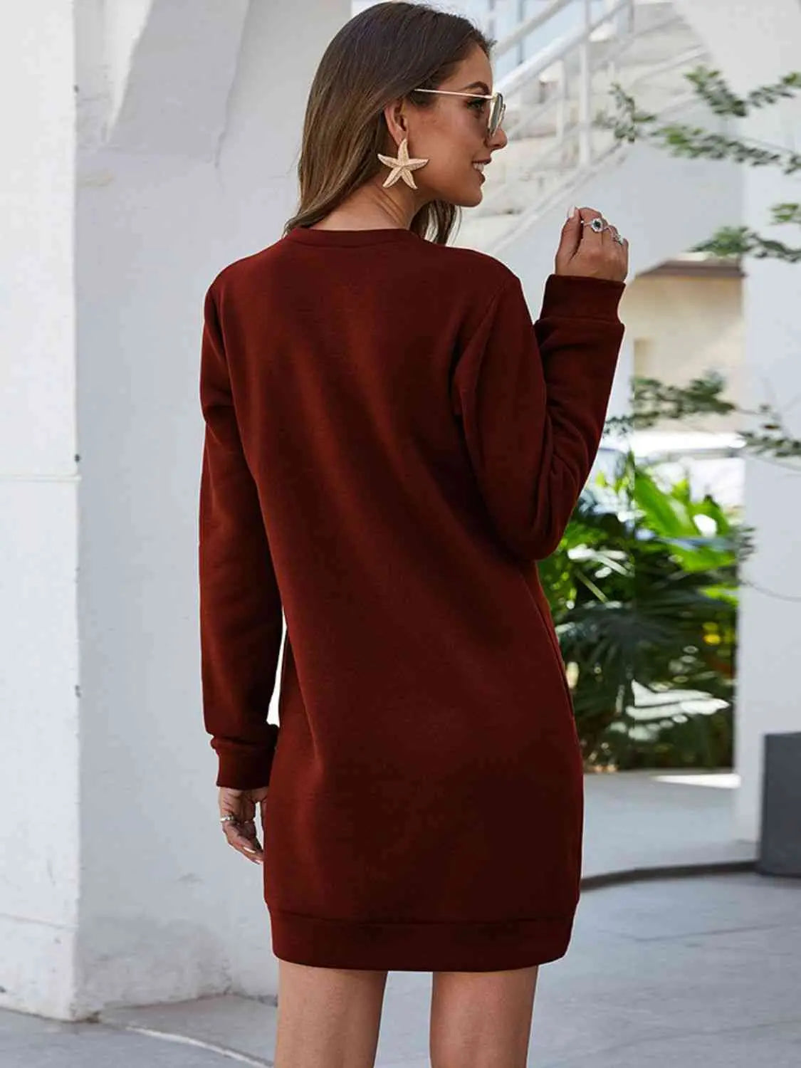 Round Neck Long Sleeve Mini Dress with Pockets -BazaarBey - www.shopbazaarbey.com