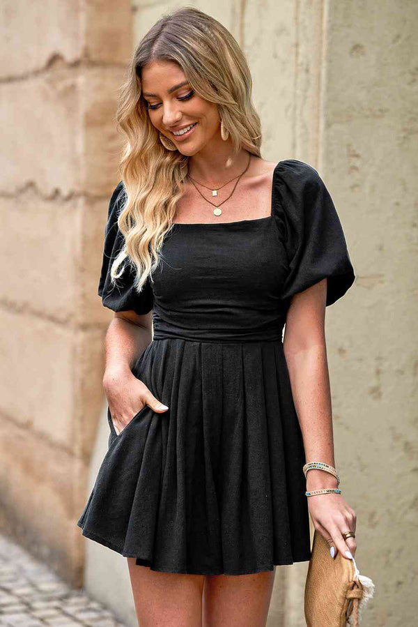 Square Neck Pleated Romper with Pockets -BazaarBey - www.shopbazaarbey.com