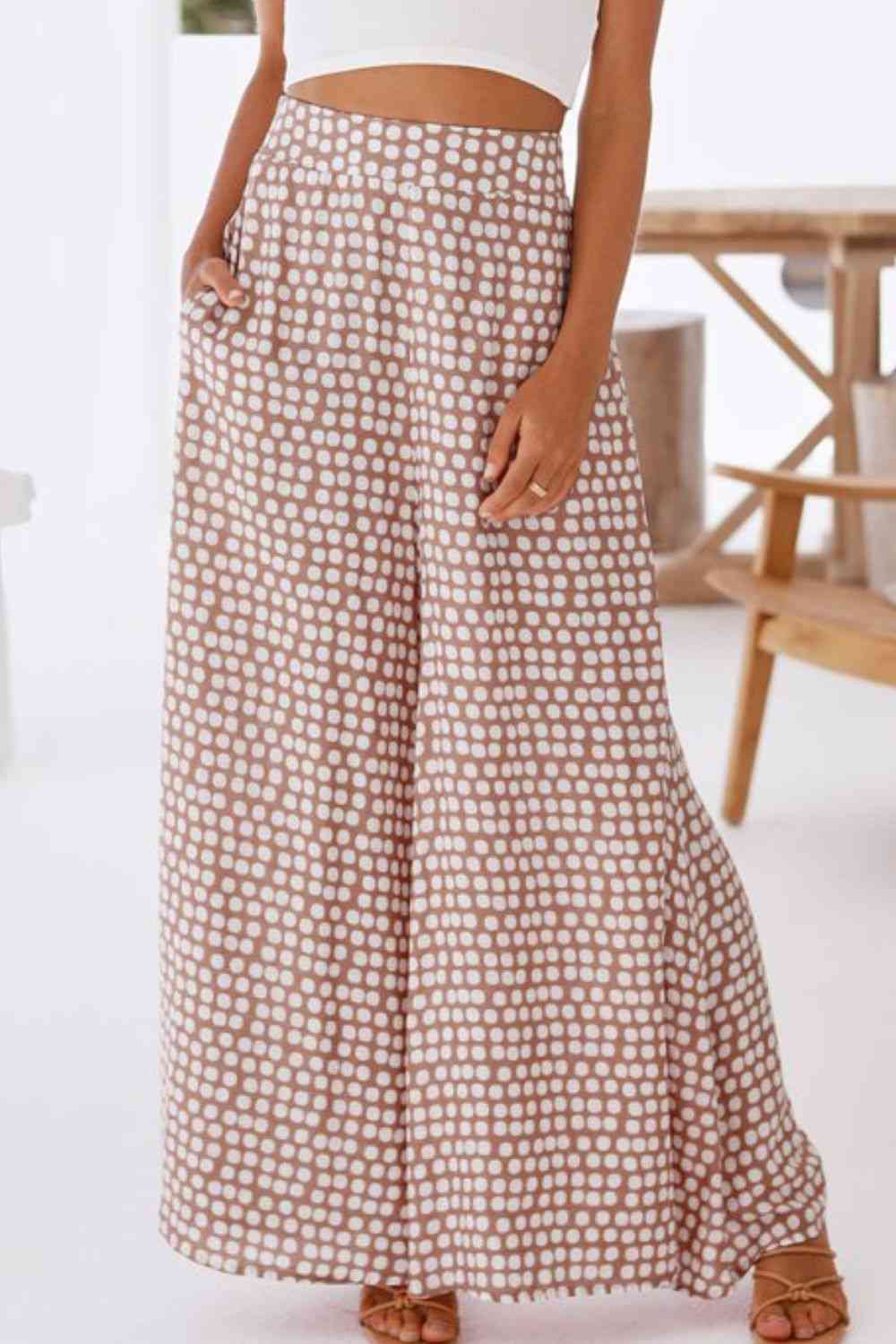  Polka Dot High Waist Wide Leg Pants with Pockets Bazaarbey