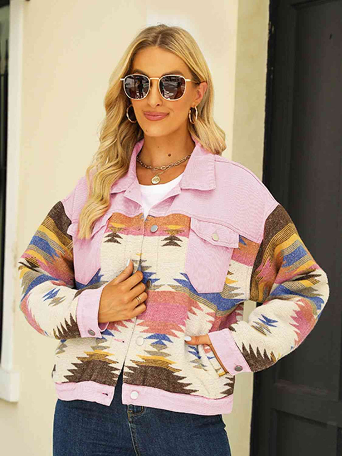 Printed Dropped Shoulder Long Sleeve Denim Jacket Bazaarbey