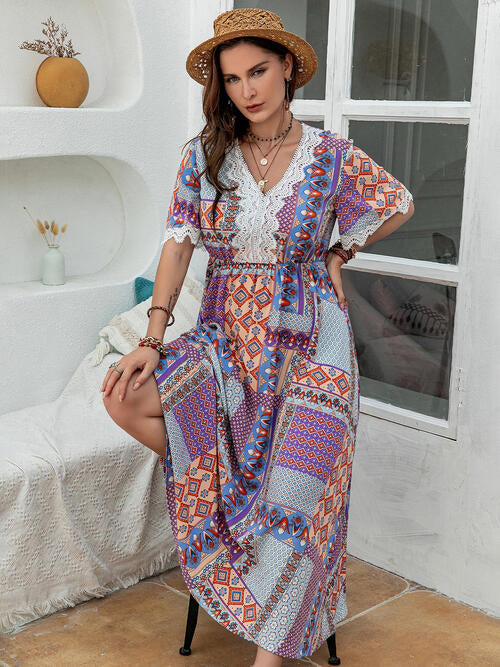  Plus Size Printed Lace Detail Short Sleeve Dress -BazaarBey - www.shopbazaarbey.com