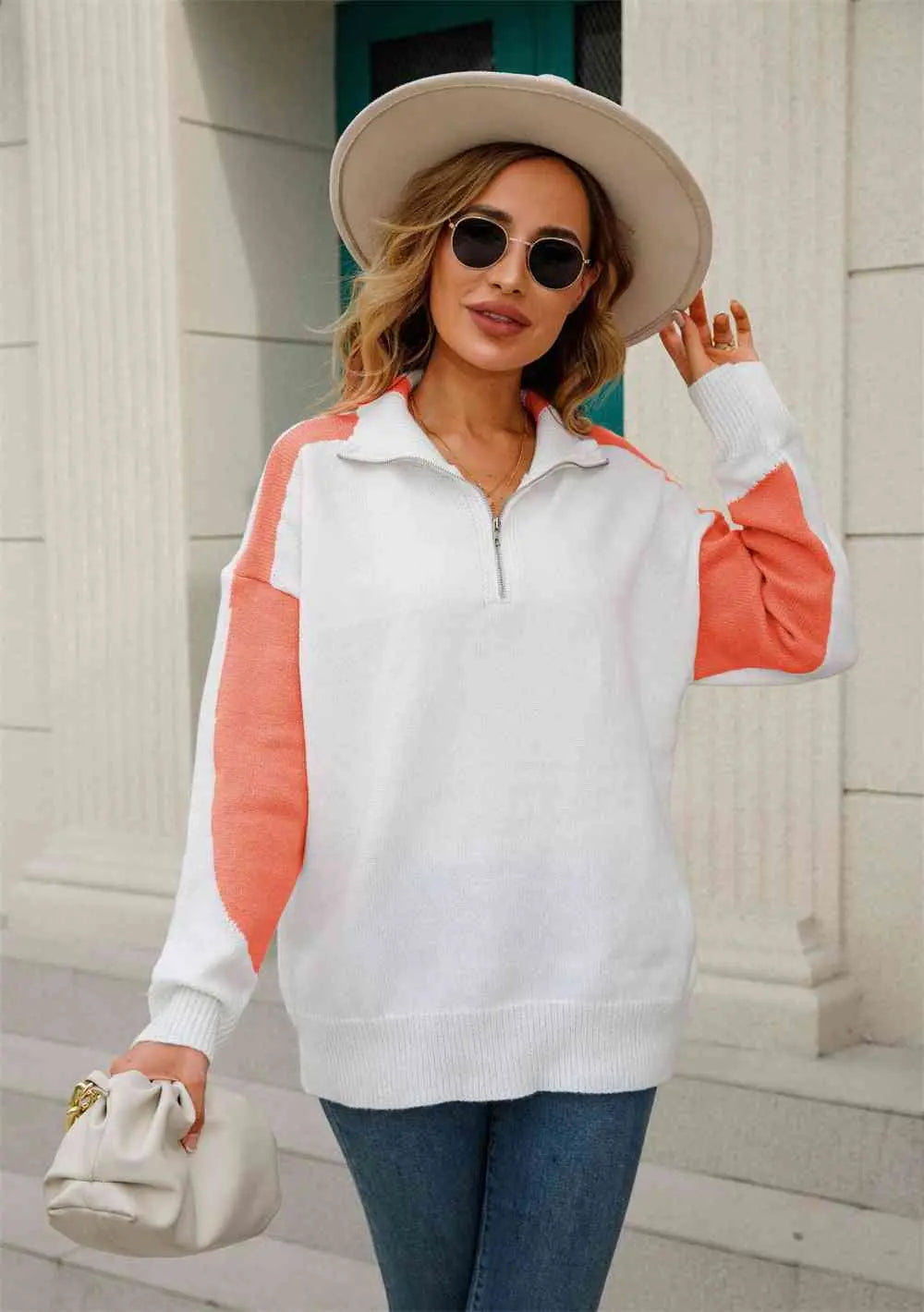 Two-Tone Collared Neck Dropped Shoulder Knit Top Trendsi