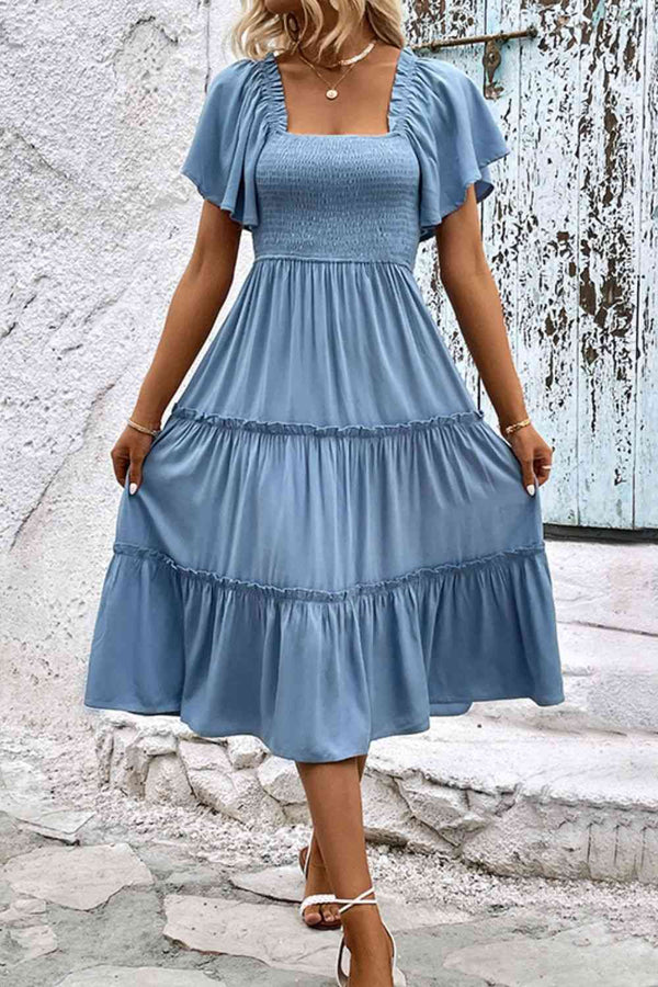Smocked Square Neck Frill Trim Dress -BazaarBey - www.shopbazaarbey.com
