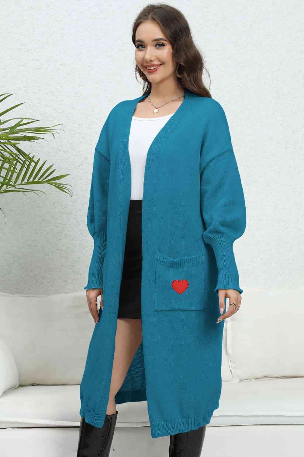 Lantern Sleeve Open Front Pocketed Cardigan Trendsi