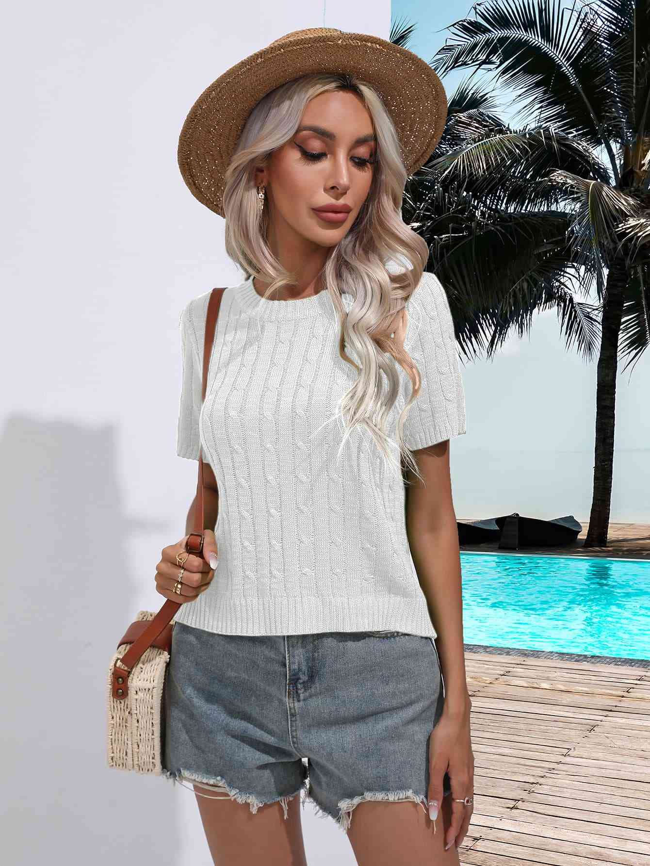 Cable-Knit Round Neck Short Sleeve Knit Top Trendsi