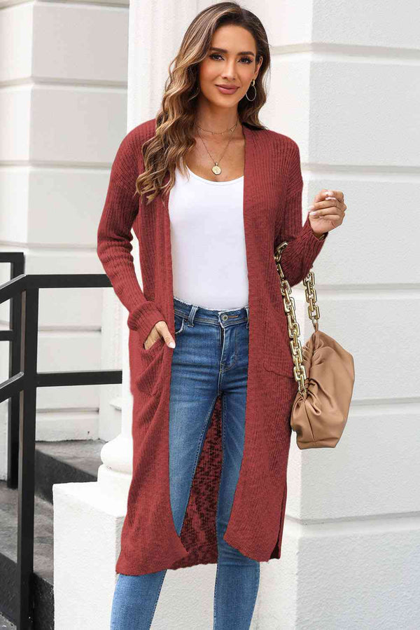BazaarBey Open Front Slit Cardigan with Pockets Bazaarbey