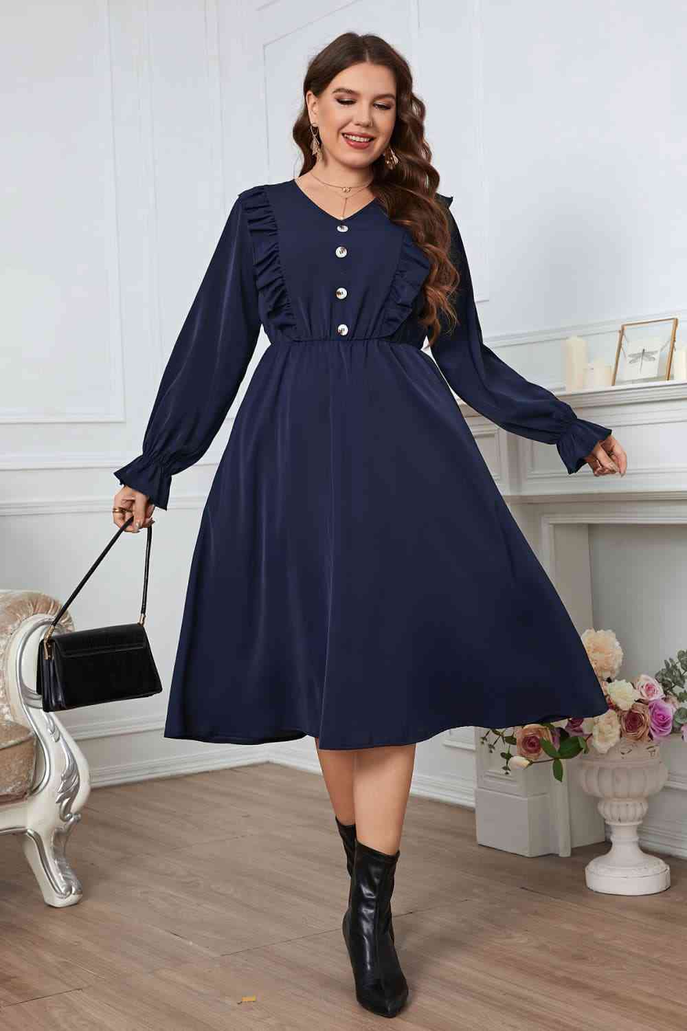  Apparel Plus Size V-Neck Buttoned Flounce Sleeve Dress -BazaarBey - www.shopbazaarbey.com