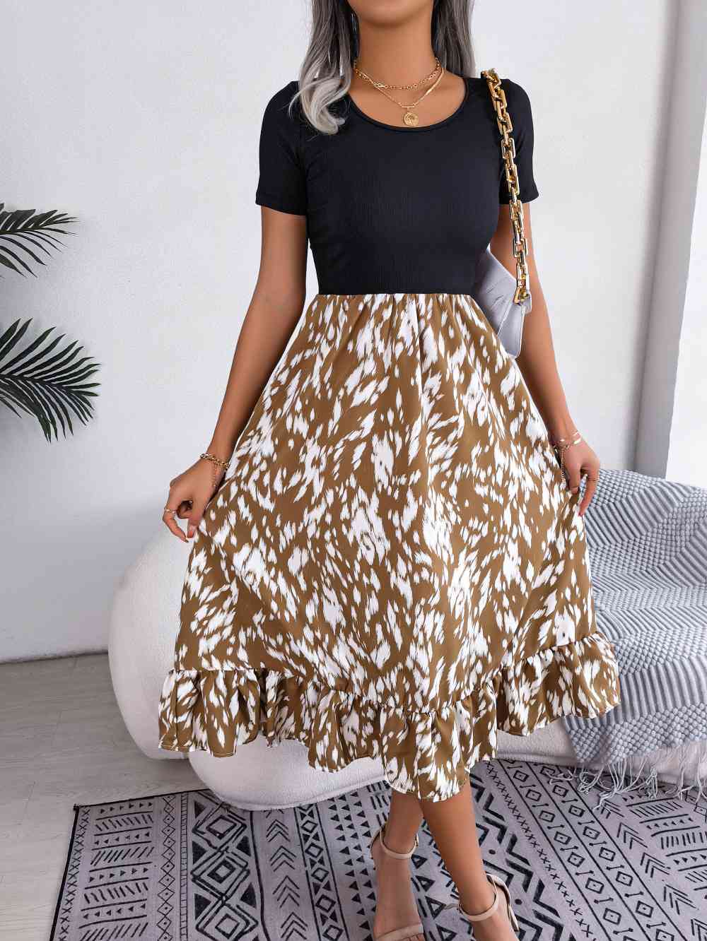 Printed Round Neck Ruffle Hem Dress -BazaarBey - www.shopbazaarbey.com