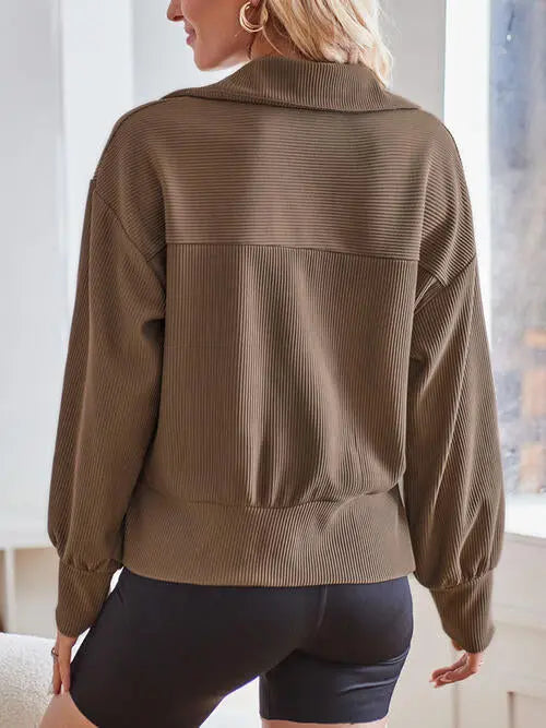 Ribbed Half Zip Collared Neck Sweatshirt Bazaarbey