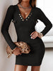 V-Neck Long Sleeve Ribbed Dress -BazaarBey - www.shopbazaarbey.com