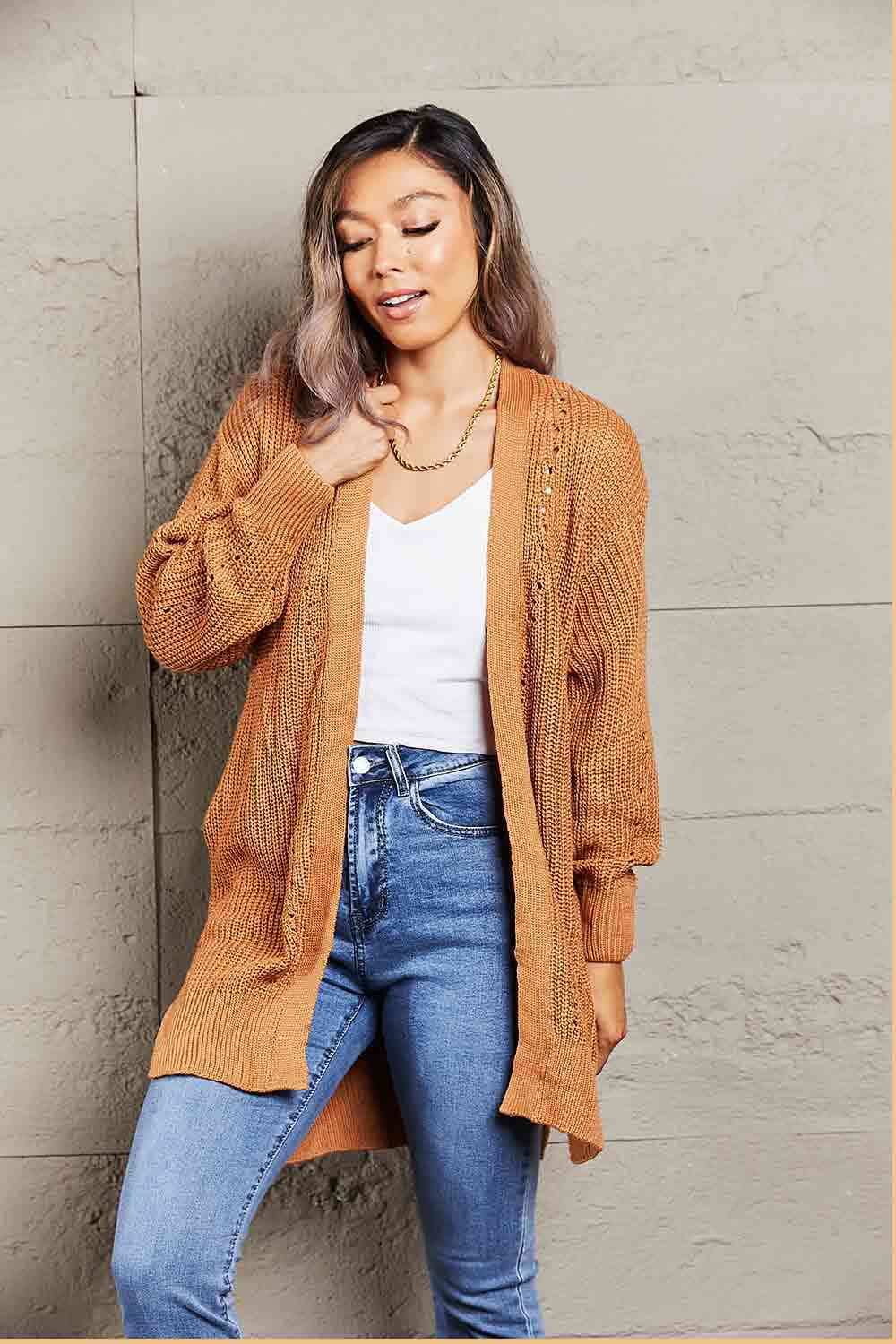  Openwork Rib-Knit Slit Cardigan Trendsi