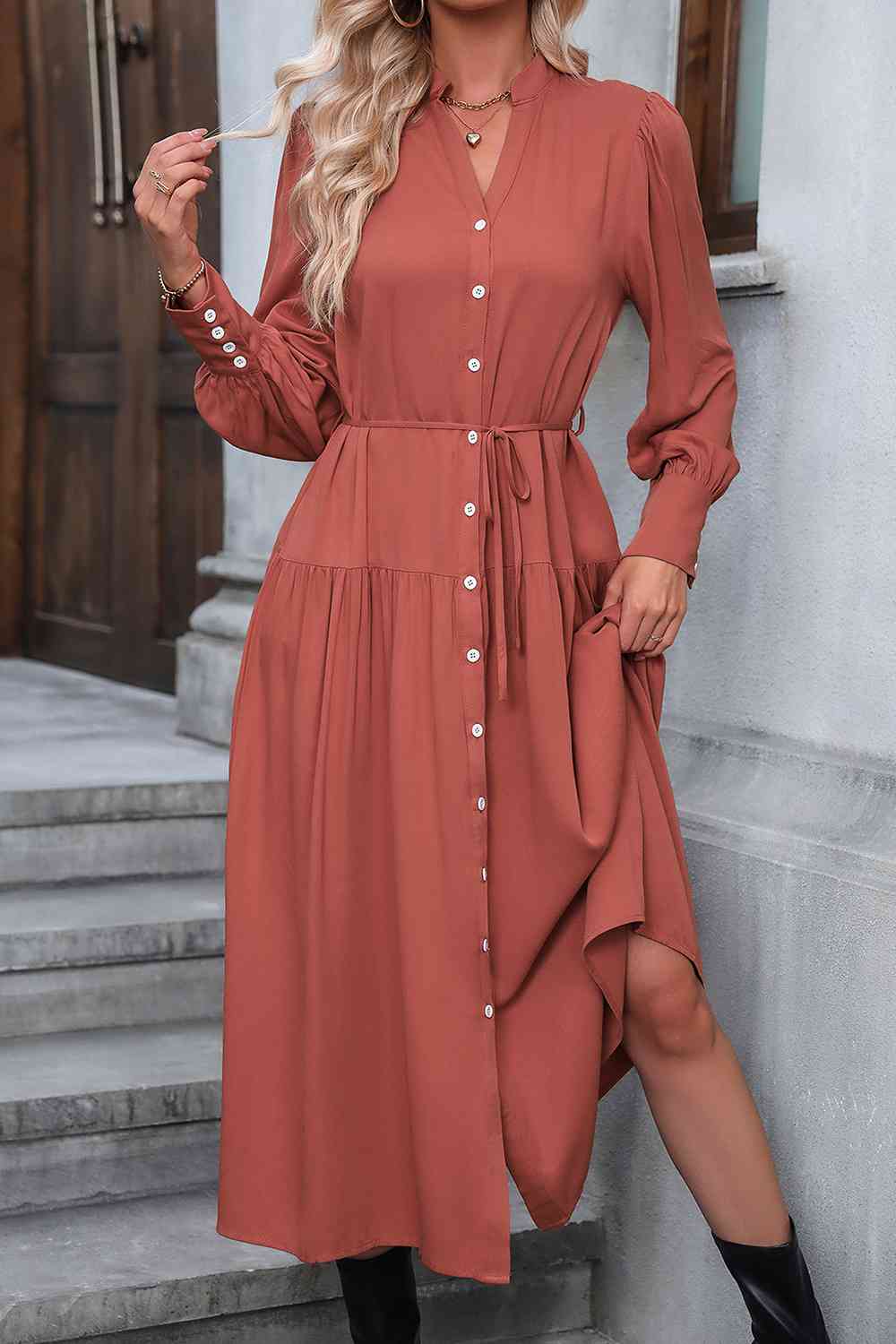 Button Down Notched Neck Dress -BazaarBey - www.shopbazaarbey.com