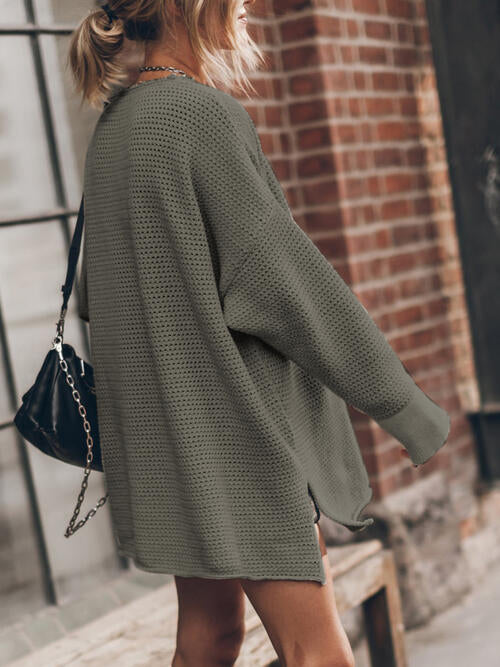 Openwork Round Neck Long Sleeve Slit Sweater Bazaarbey