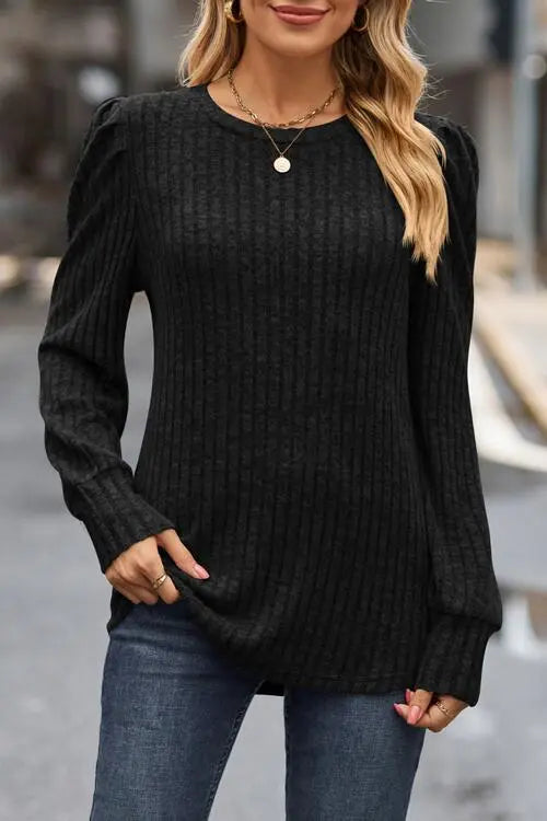 Ribbed Round Neck Long Sleeve Knit Top Trendsi