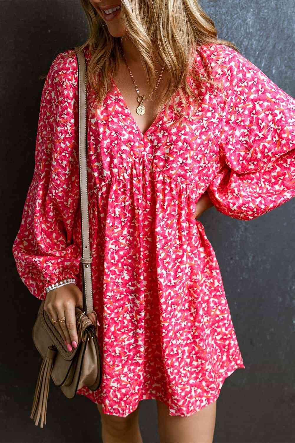 V-Neck Floral Print Long Sleeve Mini Dress -BazaarBey - www.shopbazaarbey.com