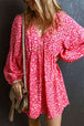 V-Neck Floral Print Long Sleeve Mini Dress -BazaarBey - www.shopbazaarbey.com