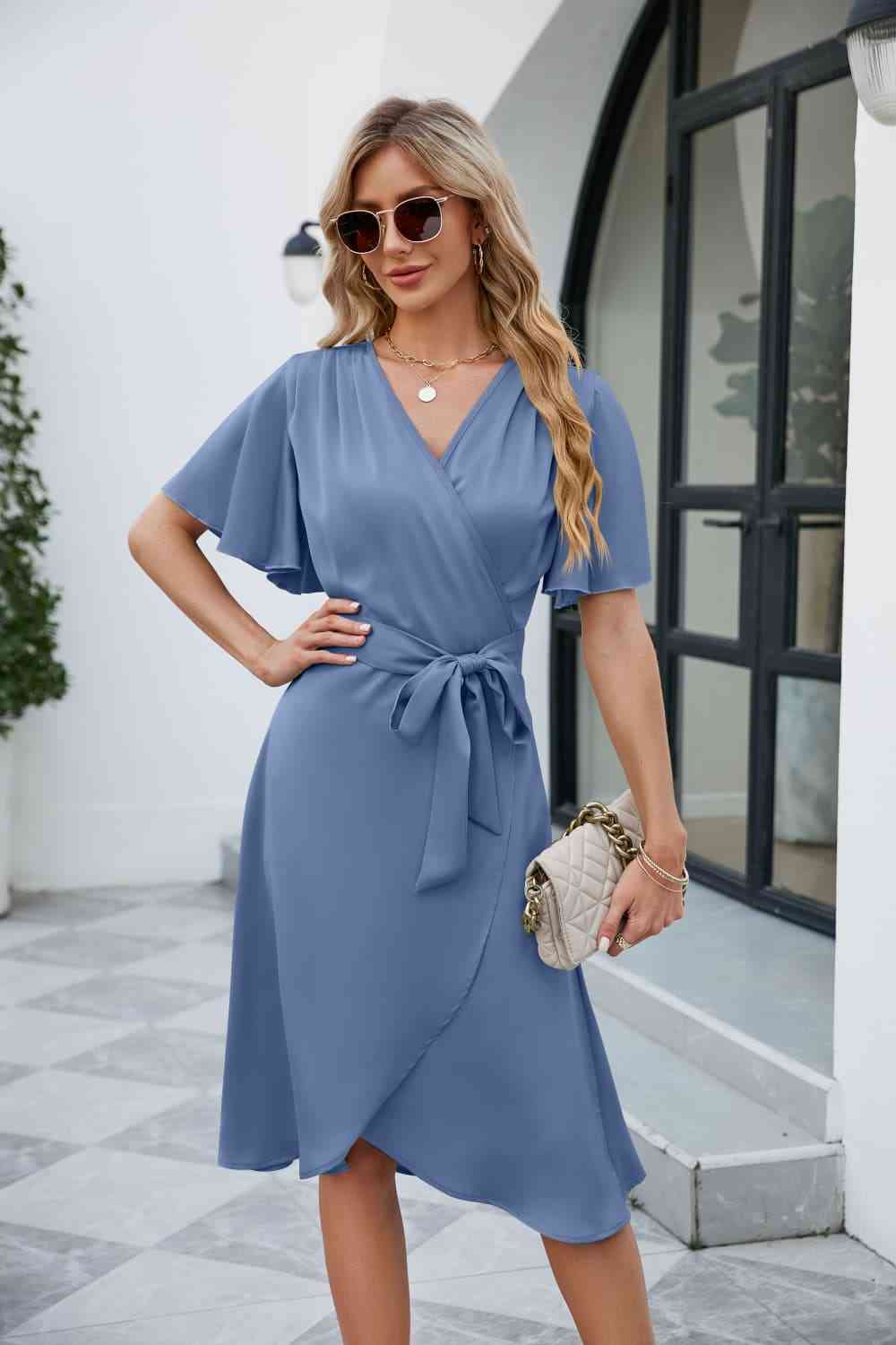 Tie Waist Flutter Sleeve Surplice Dress Bazaarbey