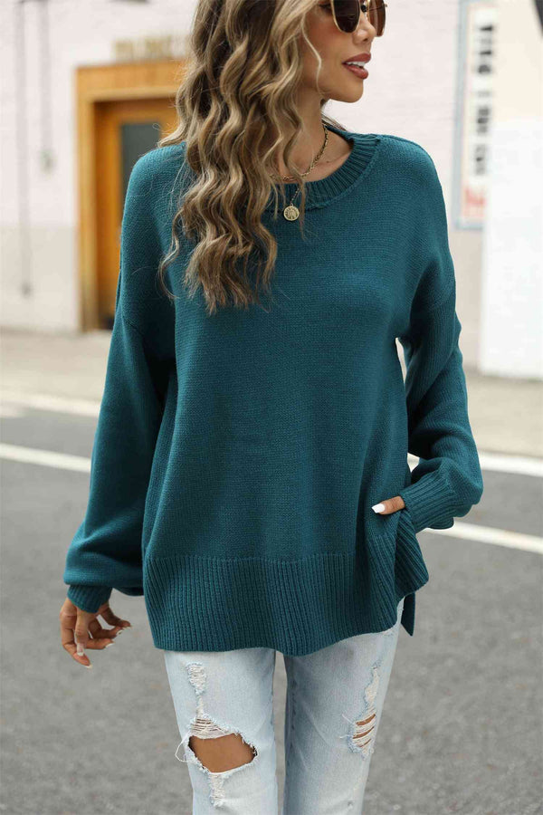 BazaarBey Round Neck Dropped Shoulder Slit Sweater Bazaarbey