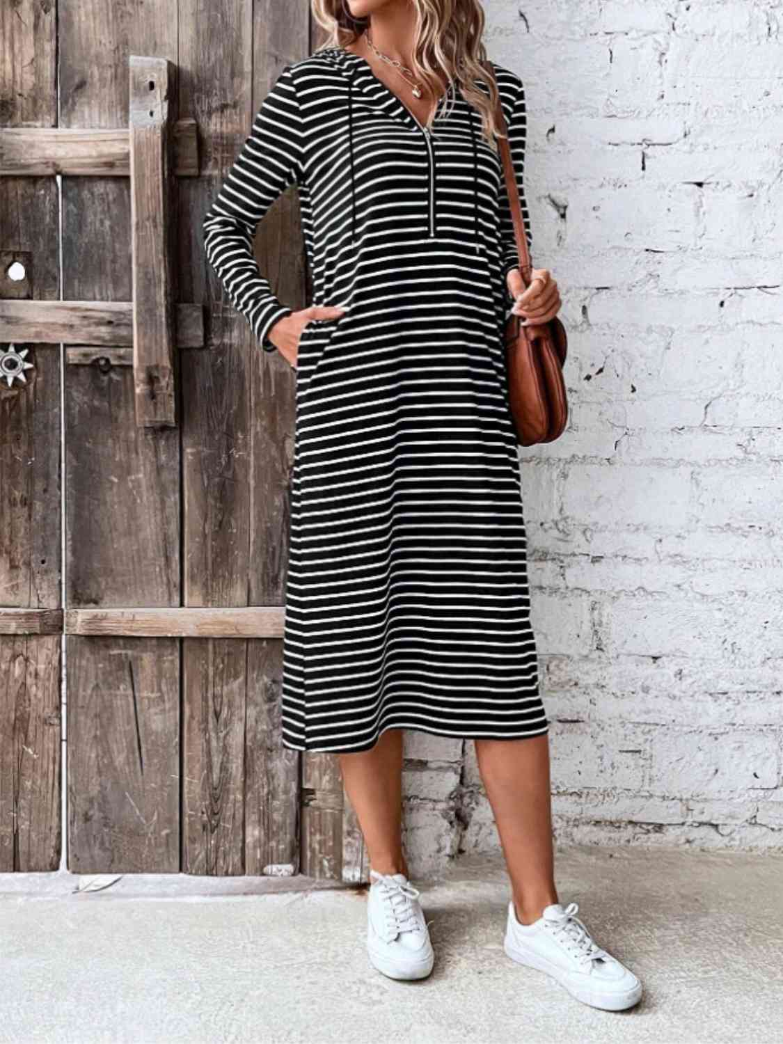 Striped Zip Front Hooded Dress -BazaarBey - www.shopbazaarbey.com