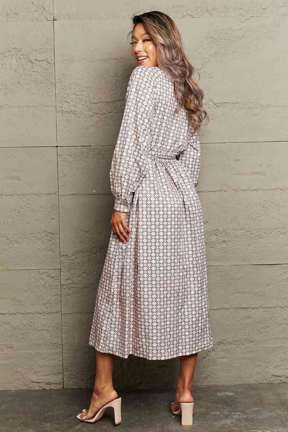 Printed Tie Waist Long Sleeve Dress -BazaarBey - www.shopbazaarbey.com