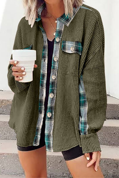 Plaid Button Down Collared Jacket Trendsi